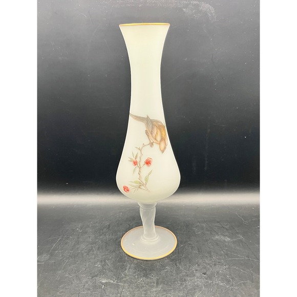 Norleans Other - Vtg Norleans White Satin Frosted Glass Bud Vase Bird Gold Rim Pedestal 60s 10"‎